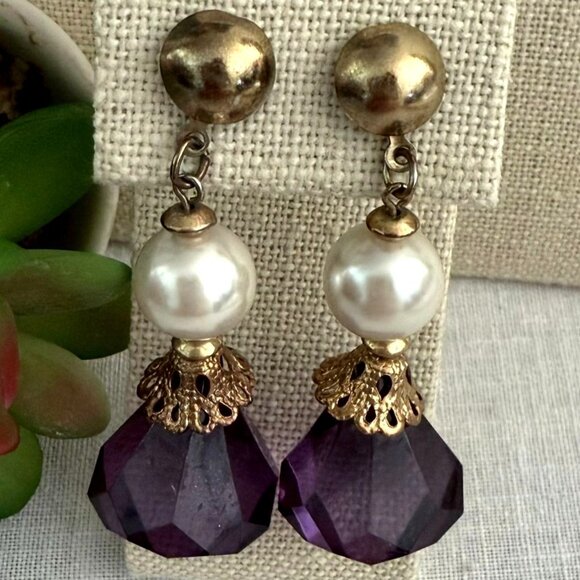 Gold Purple Drop Post Earrings Faux Pearl Faux Faceted Crystal Fashion Jewelry - Picture 2 of 5